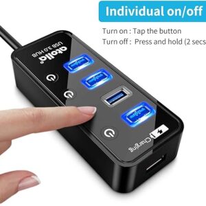 Atolla USB 3.0 Powered Hub – 4-Port SuperSpeed USB Splitter with Charging Port, Independent On/Off Switch, and 5V/3A AC Adapter