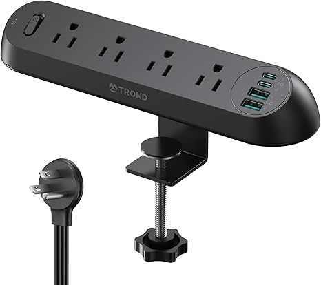 Desk Clamp Power Strip with USB-C PD 20W, Surge Protector, 4 AC Outlets & 4 USB Ports, ETL Listed, 6ft Flat Plug Extension Cord, Fits 1.97" Table Edge, Ideal for Home, Office, Dorm