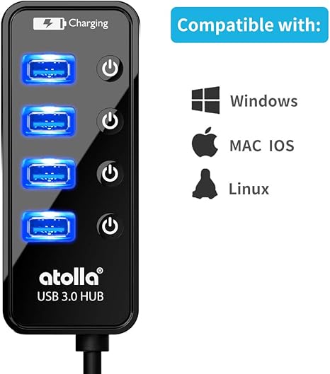 Atolla USB 3.0 Powered Hub – 4-Port SuperSpeed USB Splitter with Charging Port, Independent On/Off Switch, and 5V/3A AC Adapter - Image 2