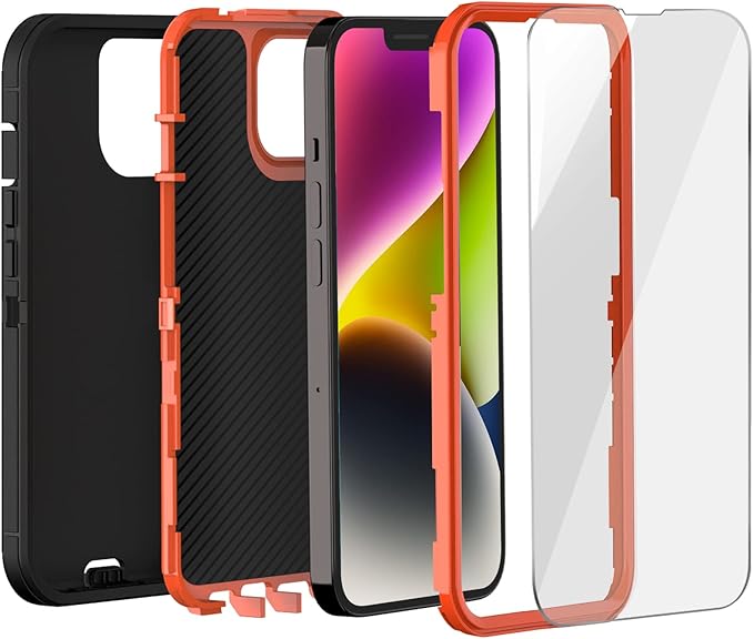 Case for iPhone 14 Case with 2 Screen Protector + 2 Camera Lens Protector, Full Body Heavy Duty Rugged Military Grade Cover, Shockproof Protection Phone Case 6.1" (Black Orange) - Image 2