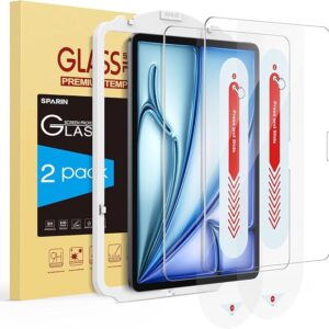 SPARIN 2 Pack Screen Protector for iPad Air 11 Inch M3/M2 (7th /6th Generation, 2025/2024), Tempered Glass Film for iPad Air 7/6 Gen with Alignment Frame, Apple Pencil Pro & Case C