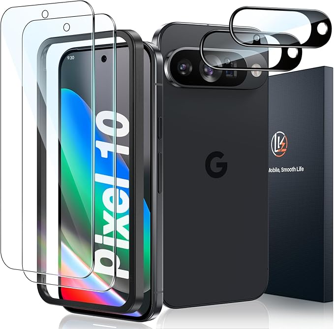 [2+2 Pack] LK 2 Pack Compatible for Google Pixel 10 Tempered Glass Screen Protector + 2 Pack Camera Lens Screen Protector, Easy Installation 9H Hardness glass film Anti-Scratch 6.3