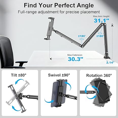 iPad Holder for Desk, Adjustable Tablet Arm iPad Desk Mount with C-Clamp, 30" Foldable Long Arm & 360° Rotation, Fits 4.7"–15.6" i Pad Pro/Air/Mini, Phones & 15.6" Portable Monitor - Image 2