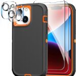 Case for iPhone 14 Case with 2 Screen Protector + 2 Camera Lens Protector, Full Body Heavy Duty Rugged Military Grade Cover, Shockproof Protection Phone Case 6.1" (Black Orange)