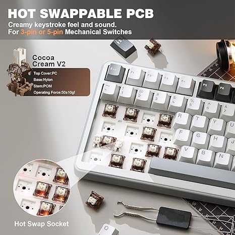 YUNZII B75 PRO Wireless Mechanical Keyboard,75% Gaming Keyboard Gasket Hot Swap Custom Keyboard with Knob, Pre-lubed Switches RGB, Bluetooth/Type-C/2.4G Pink, Cocoa Cream V2 Switch - Image 3