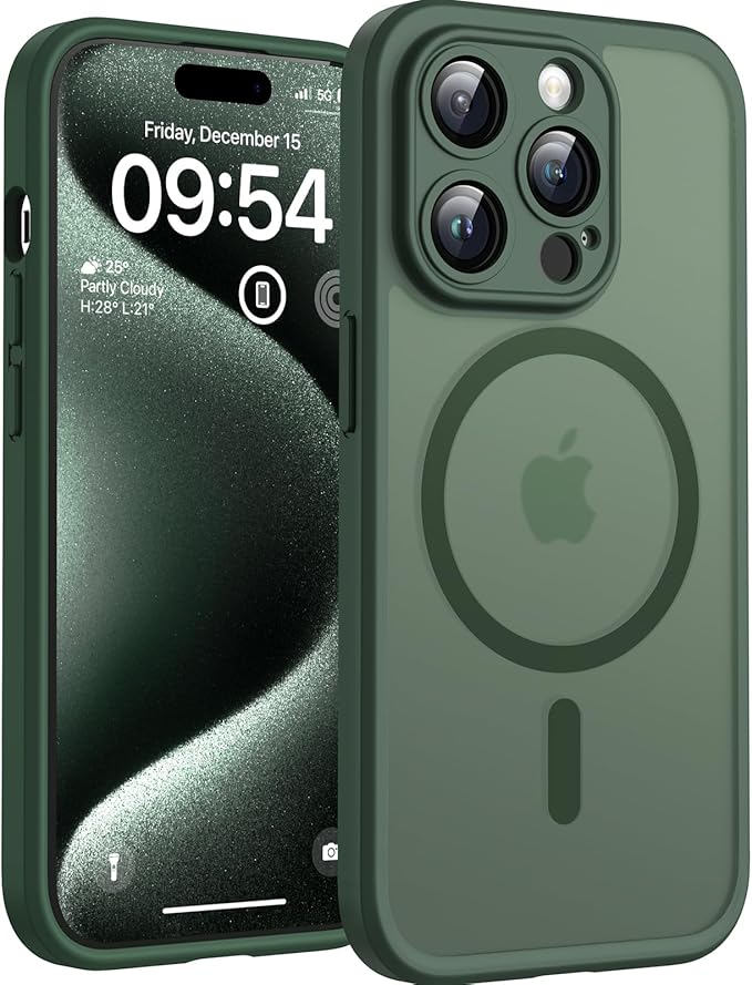 TOCOL Magnetic Matte Case for iPhone 15 Pro (6.1") â€“ MagSafe Compatible, Full Camera Protection, Shockproof Translucent Bumper, Alpine Green