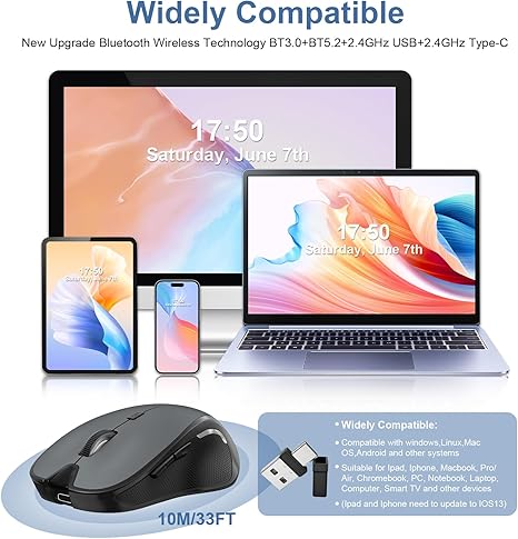 Bluetooth Wireless Mouse Built-in Mouse Jiggler for MacBook Pro MacBook Air Mac Laptop iPad Pro Computer PC, Rechargeable Silent Slim Wireless Mouse Grey - Image 6
