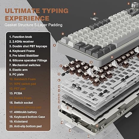 YUNZII B75 PRO Wireless Mechanical Keyboard,75% Gaming Keyboard Gasket Hot Swap Custom Keyboard with Knob, Pre-lubed Switches RGB, Bluetooth/Type-C/2.4G Pink, Cocoa Cream V2 Switch - Image 6