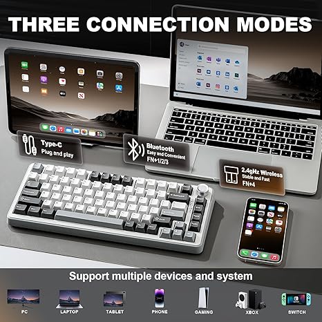 YUNZII B75 PRO Wireless Mechanical Keyboard,75% Gaming Keyboard Gasket Hot Swap Custom Keyboard with Knob, Pre-lubed Switches RGB, Bluetooth/Type-C/2.4G Pink, Cocoa Cream V2 Switch - Image 5